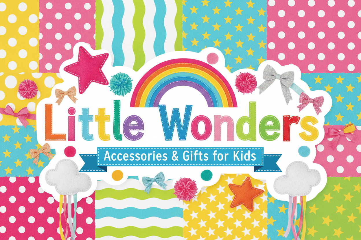 A colorful graphic banner for 'Little Wonders Accessories & Gifts for Kids' featuring a rainbow, stars, bows, pom-poms, and patterned backgrounds in pink, yellow, blue, green, and white.